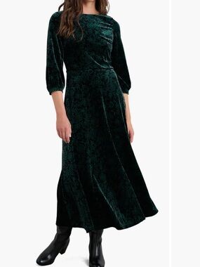 Seasalt Cornwall Black Green 3/4 Sleeve Velvet Oak Cottage Midi Dress Size 10